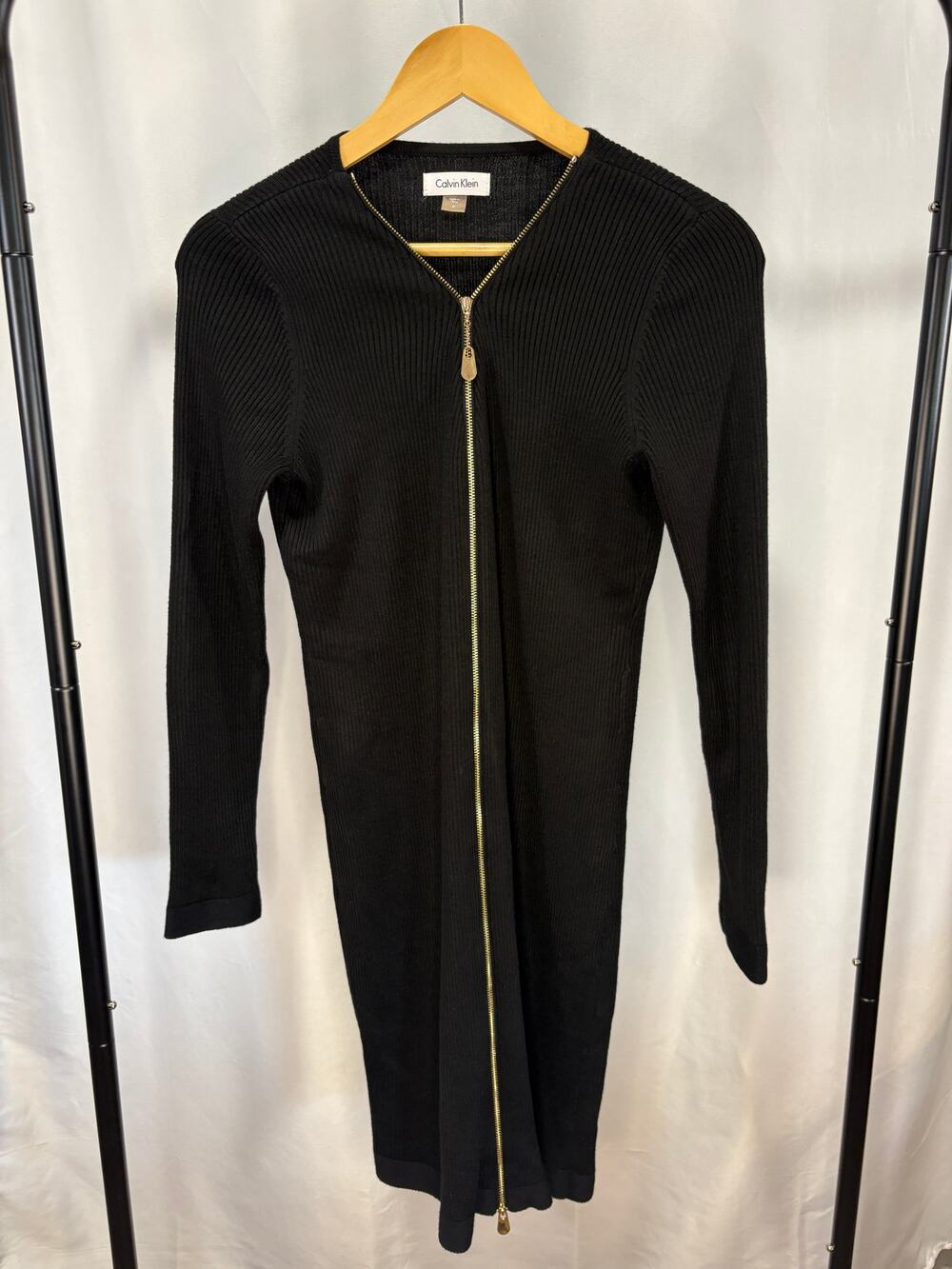 Calvin Klein Women’s M Black Ribbed Zip Front Sweater Dress Gold Zipper